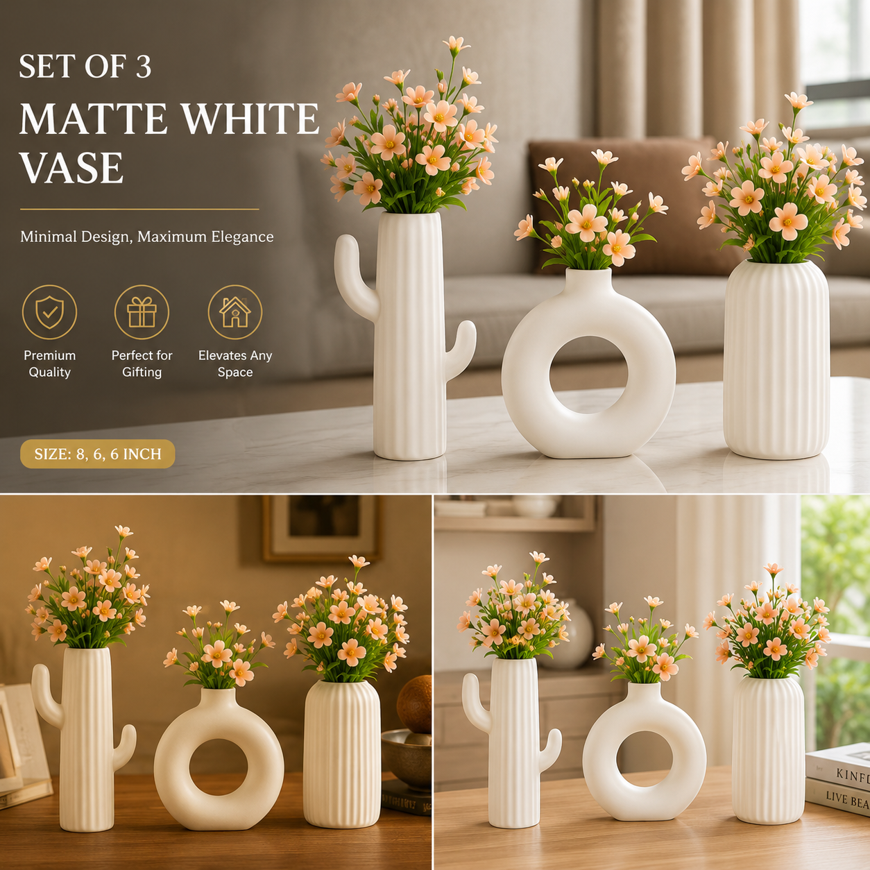 Multipurpose Flower Vase and Ceramic Vases Set Of 3 for Home Decor, Office and Gifting